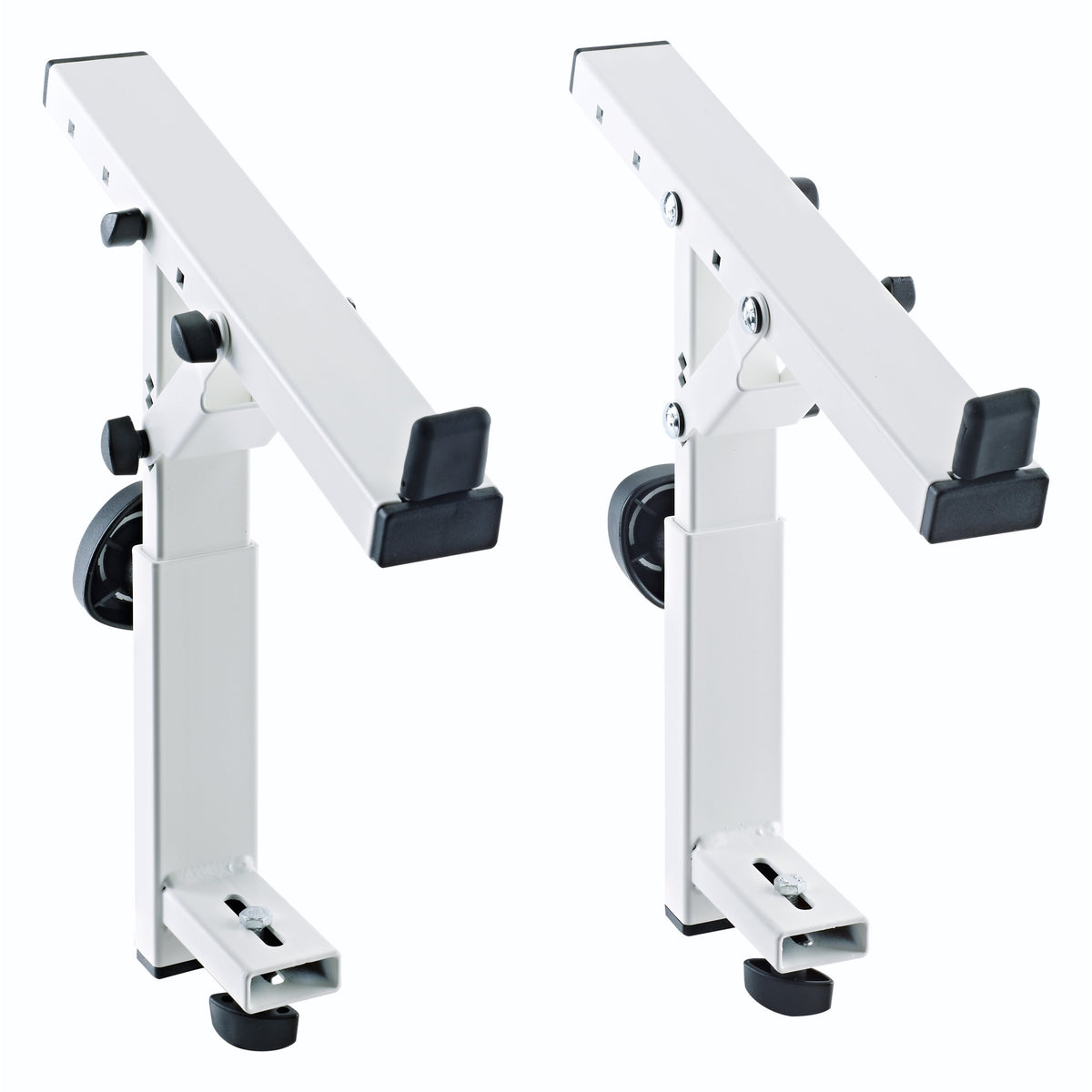 18822 Stacker third-level keyboard stand arms in pure white, pair shown side by side with black rubber end stops, black clamping knobs and adjustable lower mounting brackets, K&M
