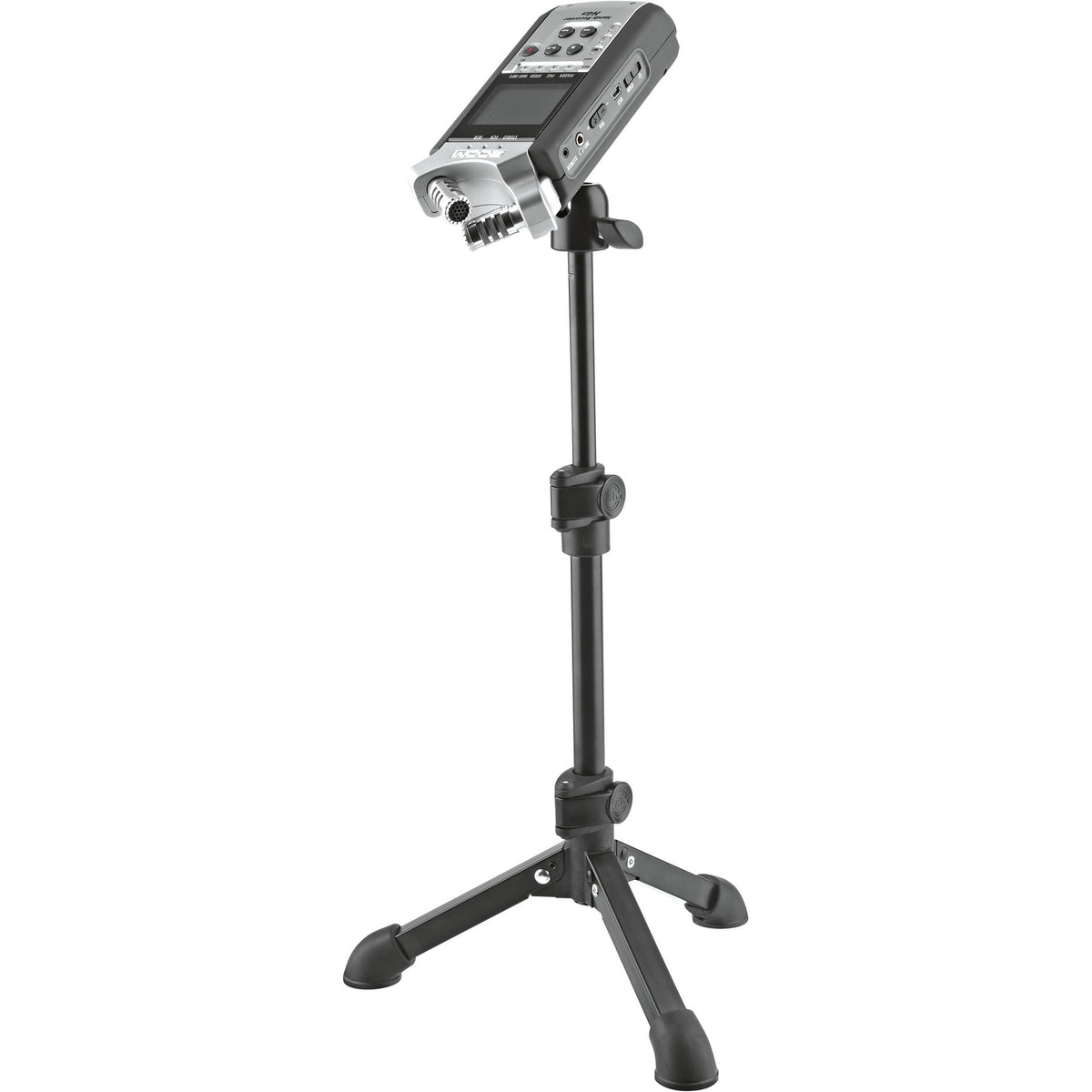 KM 19782.100.55 tabletop tripod with handheld field recorder angled on the adjustable head, K&M