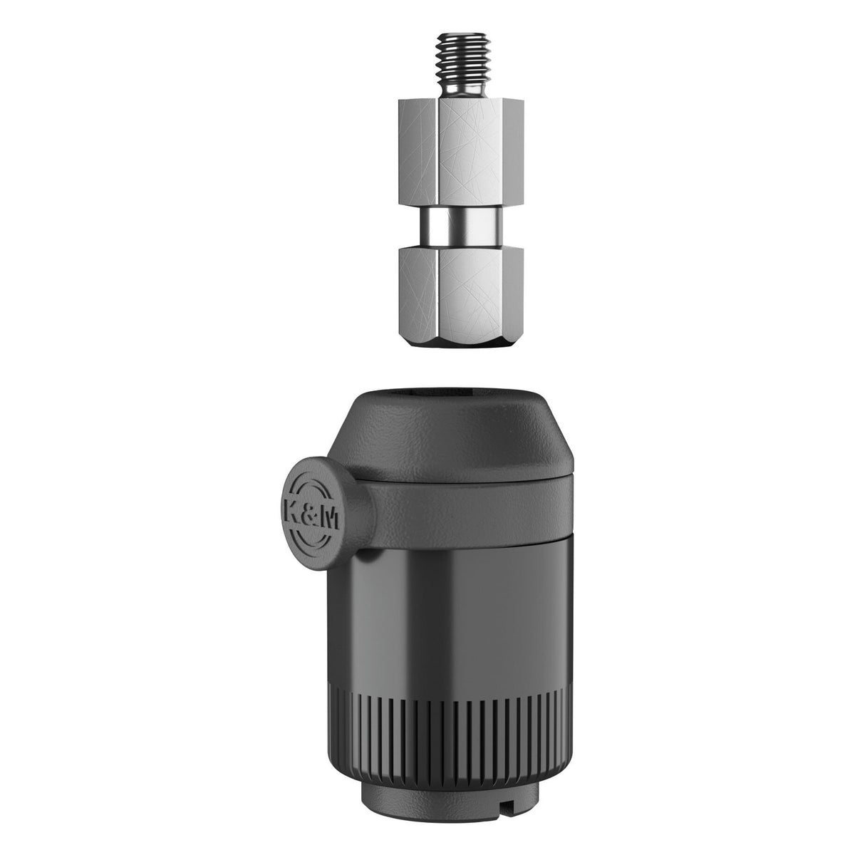 23903 threaded bolt detail shown above a black quick release adapter with K&M-embossed knob, ready to be fitted, K&M