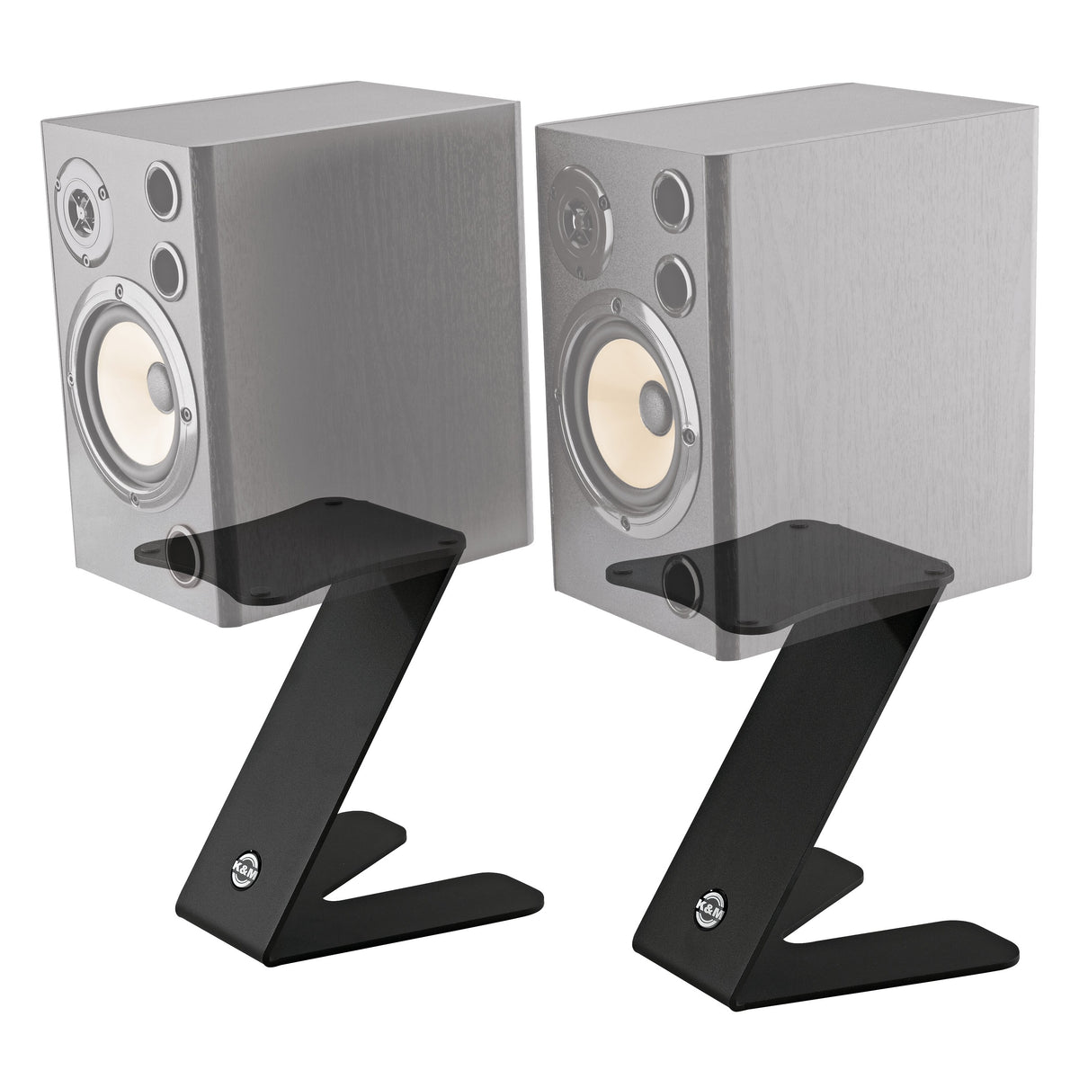 26773 Z-stand table monitor stands with ghosted speaker overlay showing speaker placement on the top plate, K&M