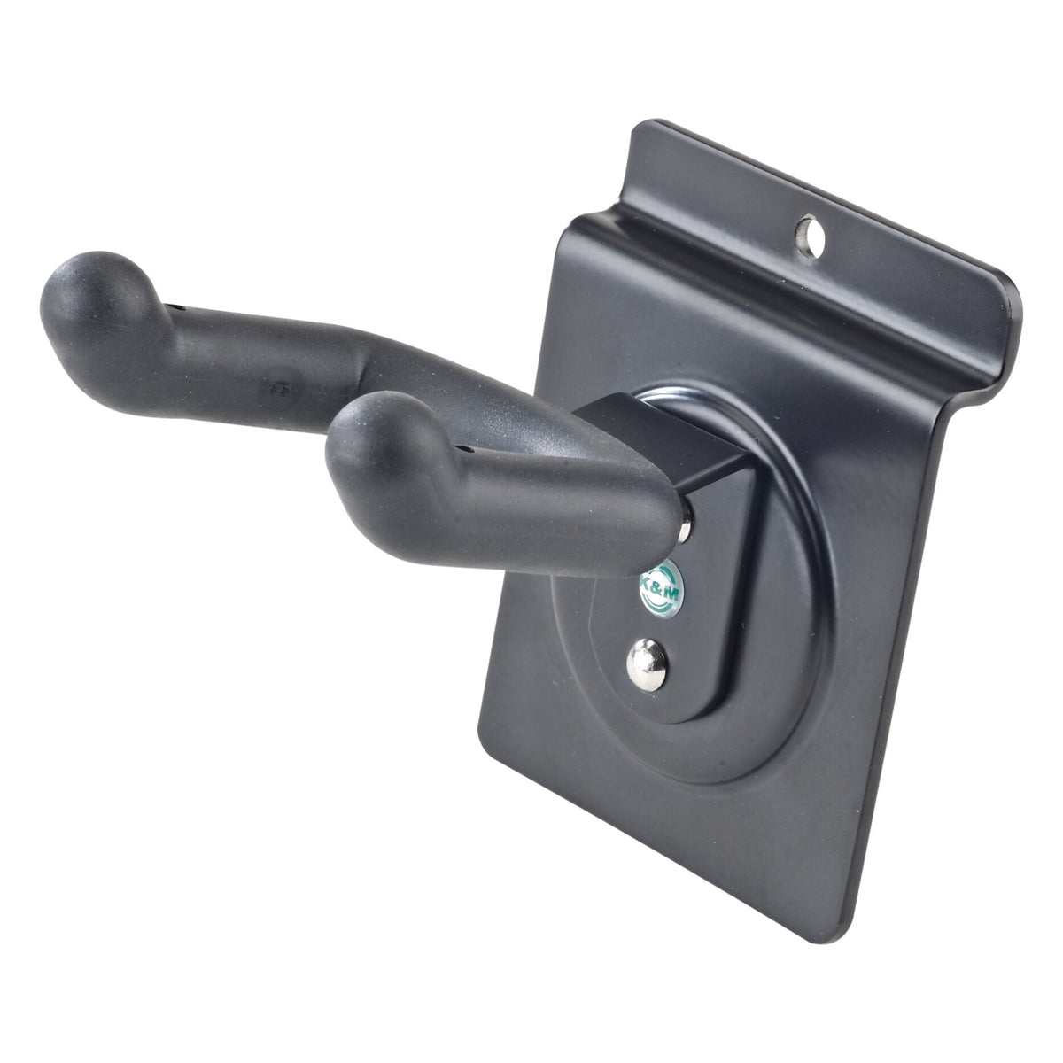 44220 ukulele wall mount holder angled front view showing black rubber-coated forked arms on a slatwall mounting plate with K&M logo badge, K&M