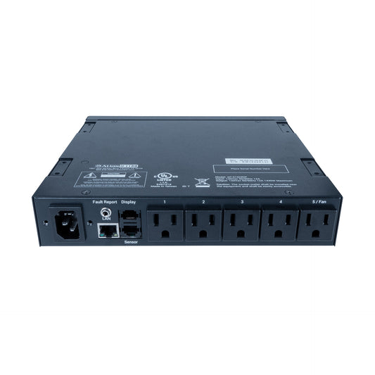 AtlasIED AP-S15HRIP rear panel showing IEC inlet, LAN and sensor jacks, and five numbered AC outlets