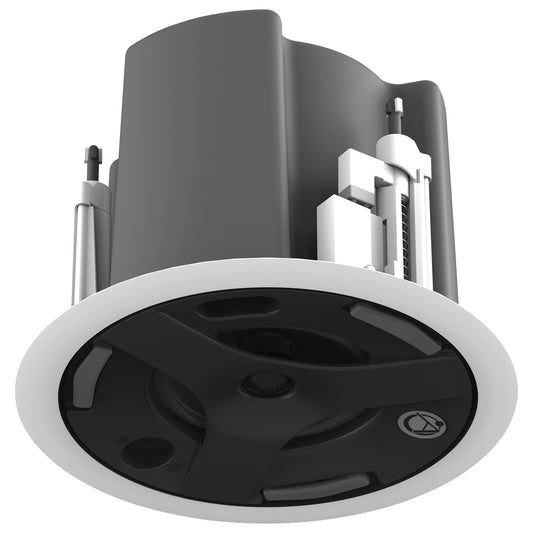 AtlasIED FAP43TUC-W with grille removed showing black baffle, tap selector dial and coaxial driver