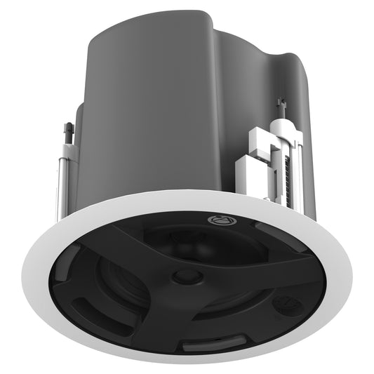 AtlasIED FAP63TUC-W with grille removed, showing black 6.5" coaxial driver baffle and tap selector