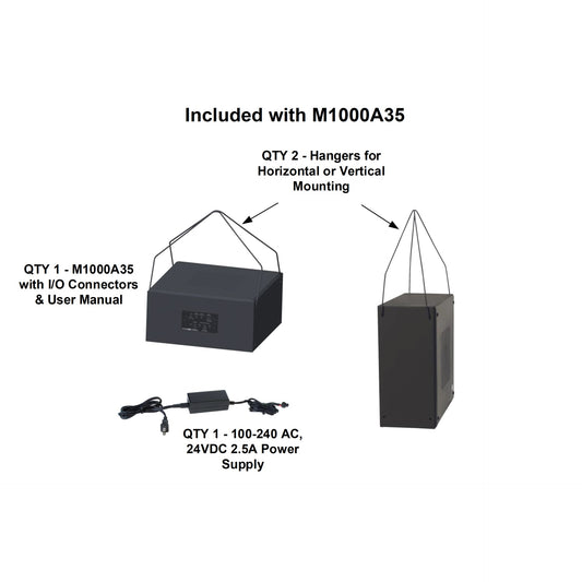 AtlasIED M1000A35 shown with two mounting hangers and 24VDC power supply in horizontal and vertical positions