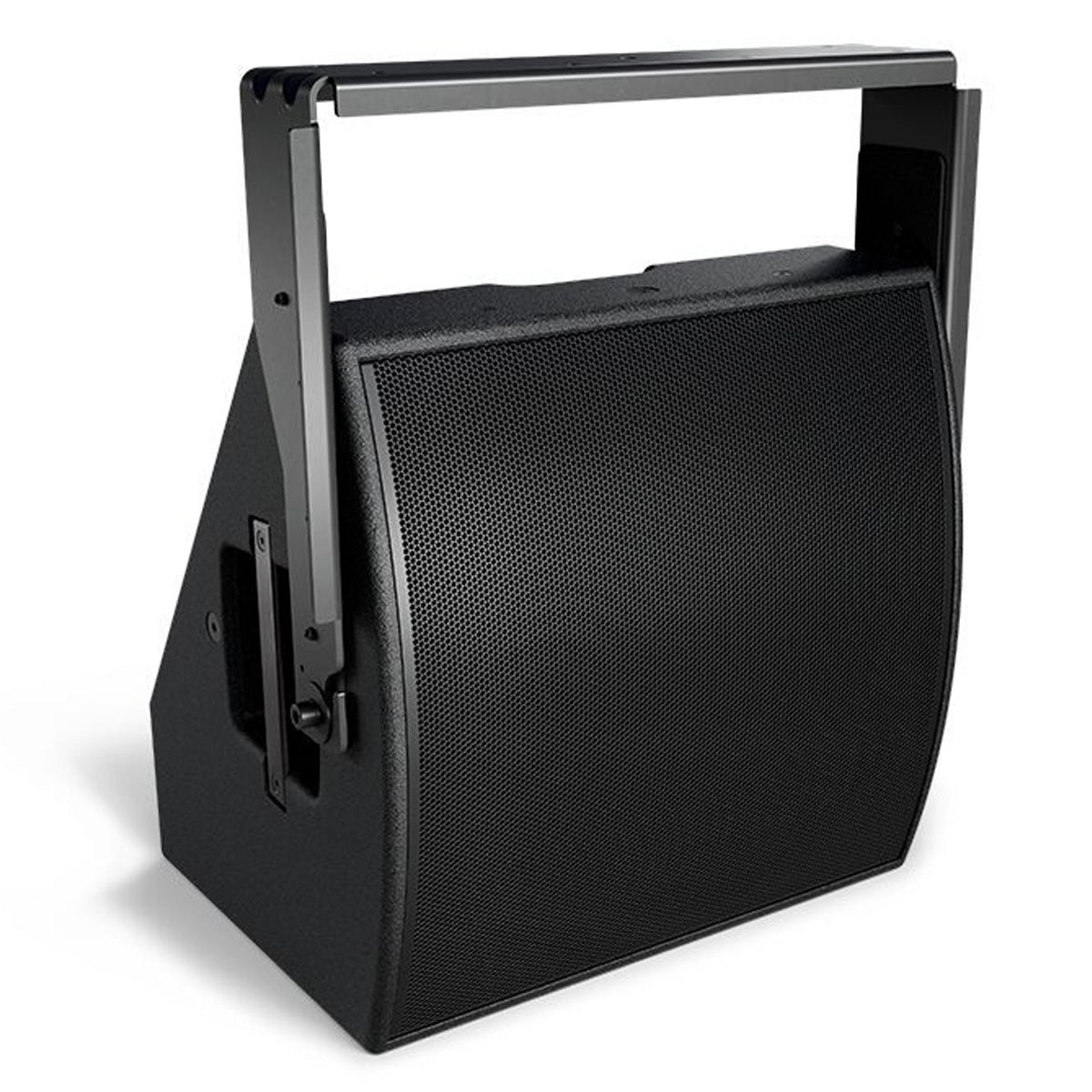 Bose AMM112 U-bracket mounted on a black loudspeaker, angled view with tilt adjustment knob