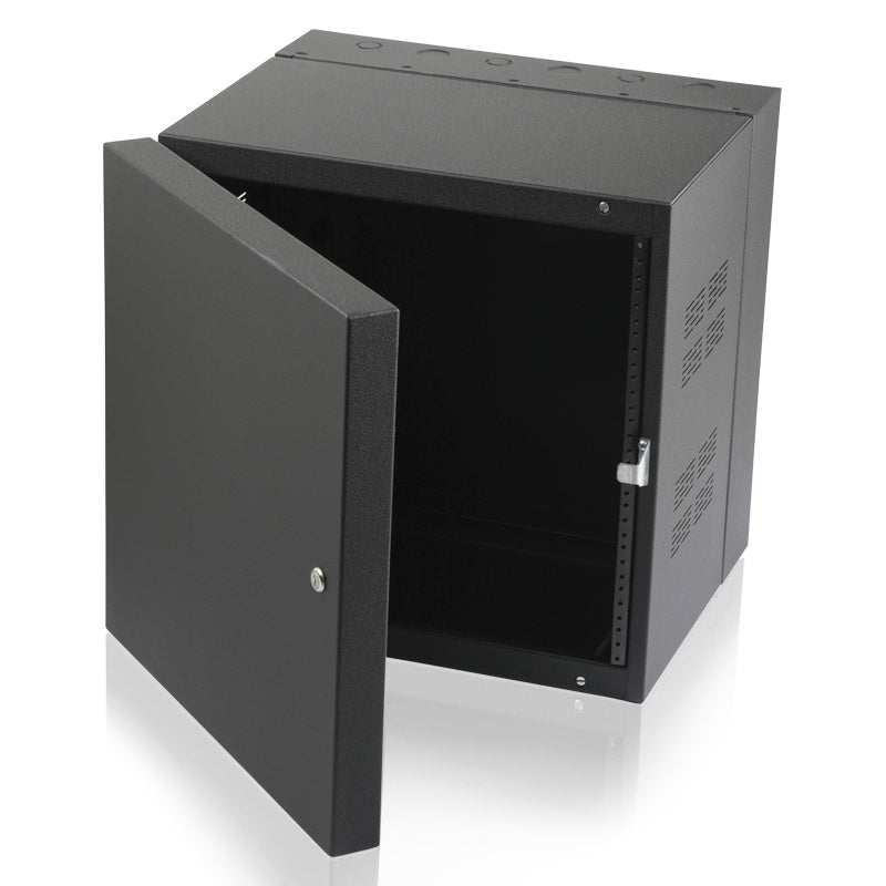 310-15 10 RU wall cabinet three-quarter view with solid locking door open, showing adjustable punched rack rails, vented side panel and top knockouts, AtlasIED