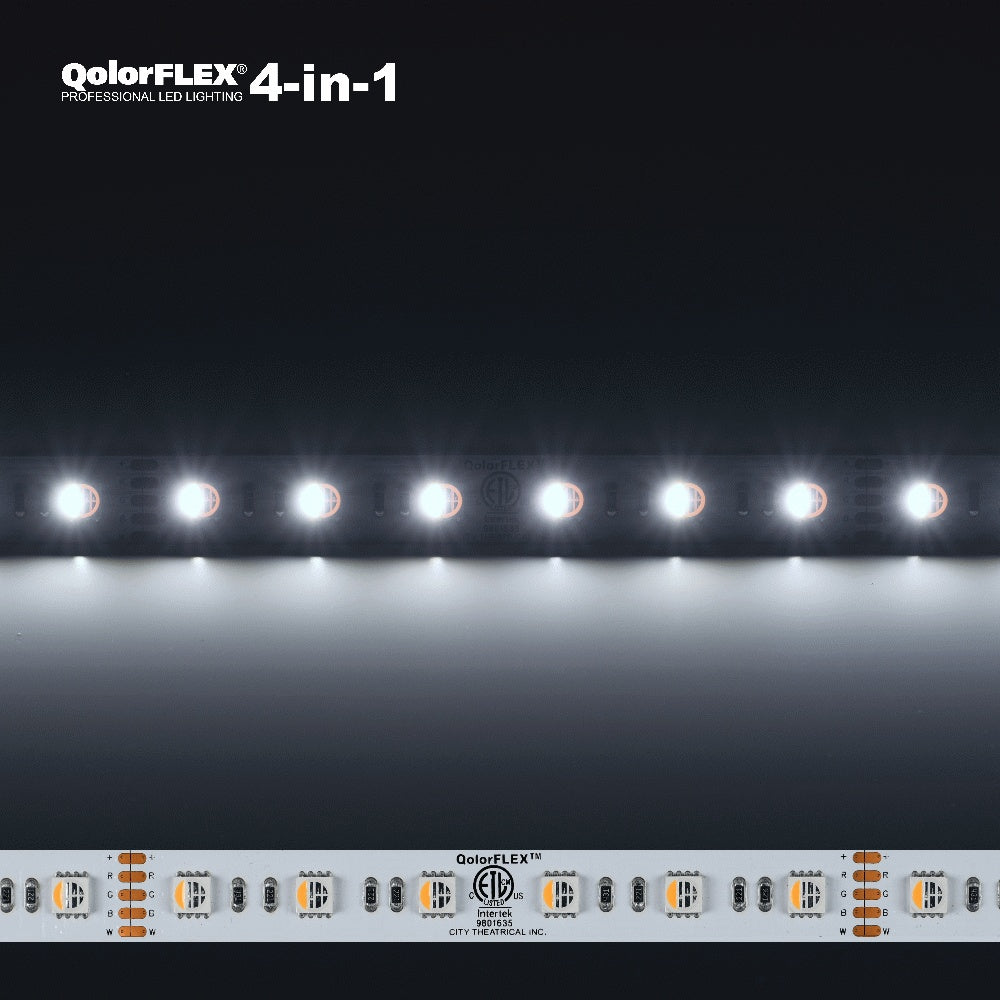 QolorFLEX 4-in-1 5050 RGBCW LED tape illuminated in white above an unlit strip showing quad-chip emitters and R/G/B/W solder pads, City Theatrical