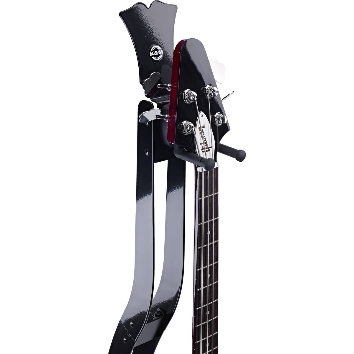 KM 17640.000.37 upper neck rest detail with rubber-sleeved support arms and K&M logo badge, K&M
