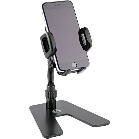 KM 19746.000.55 desktop phone stand in use holding a smartphone upright in the padded clamp, K&M