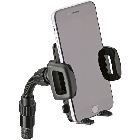 KM 19748.500.55 phone mount in use with smartphone clamped in the padded jaws on the flexible gooseneck, K&M