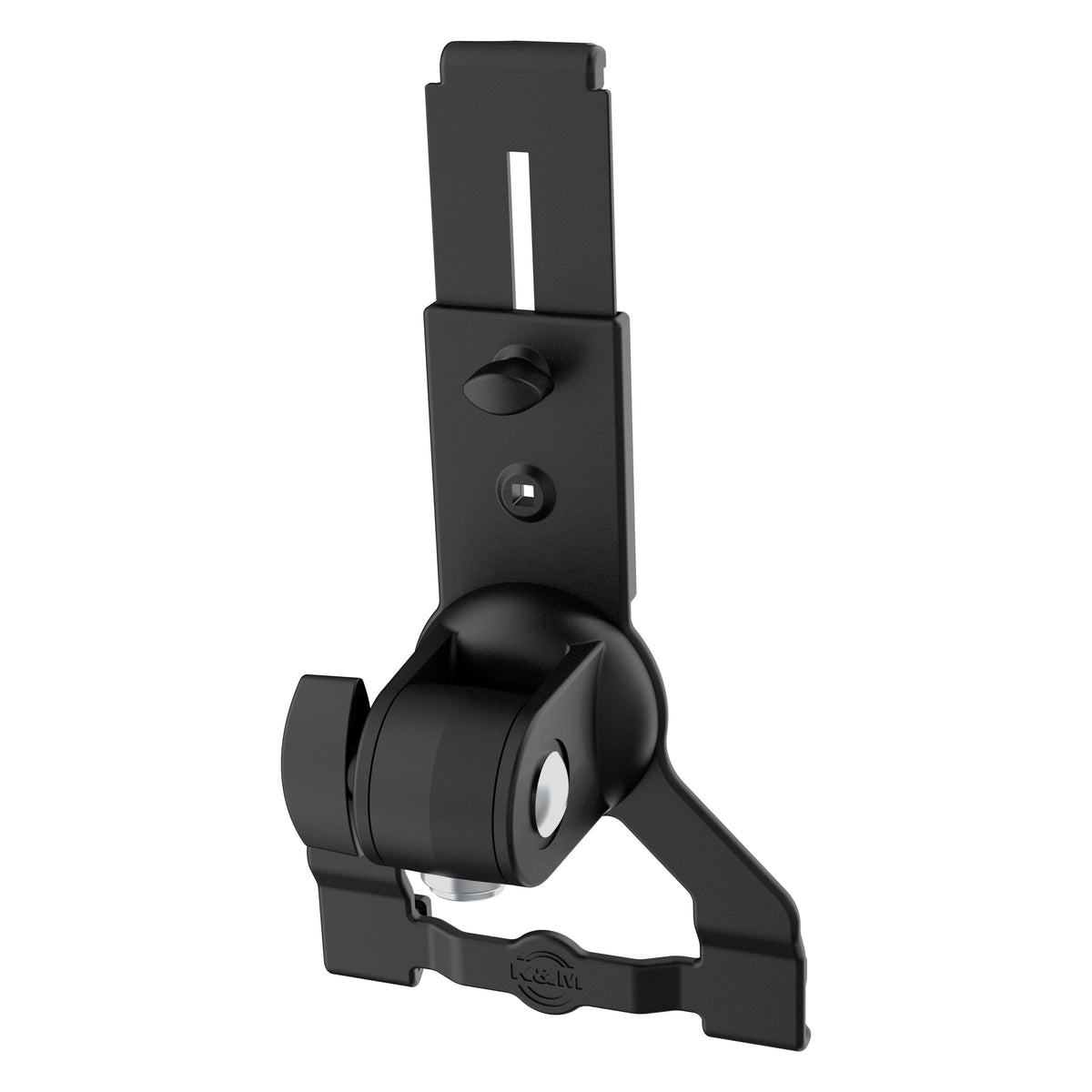 Biobased tablet holder rear view without tablet showing non-rotatable joint, locking knob, adjustment screw and K&M logo on lower bar, K&M