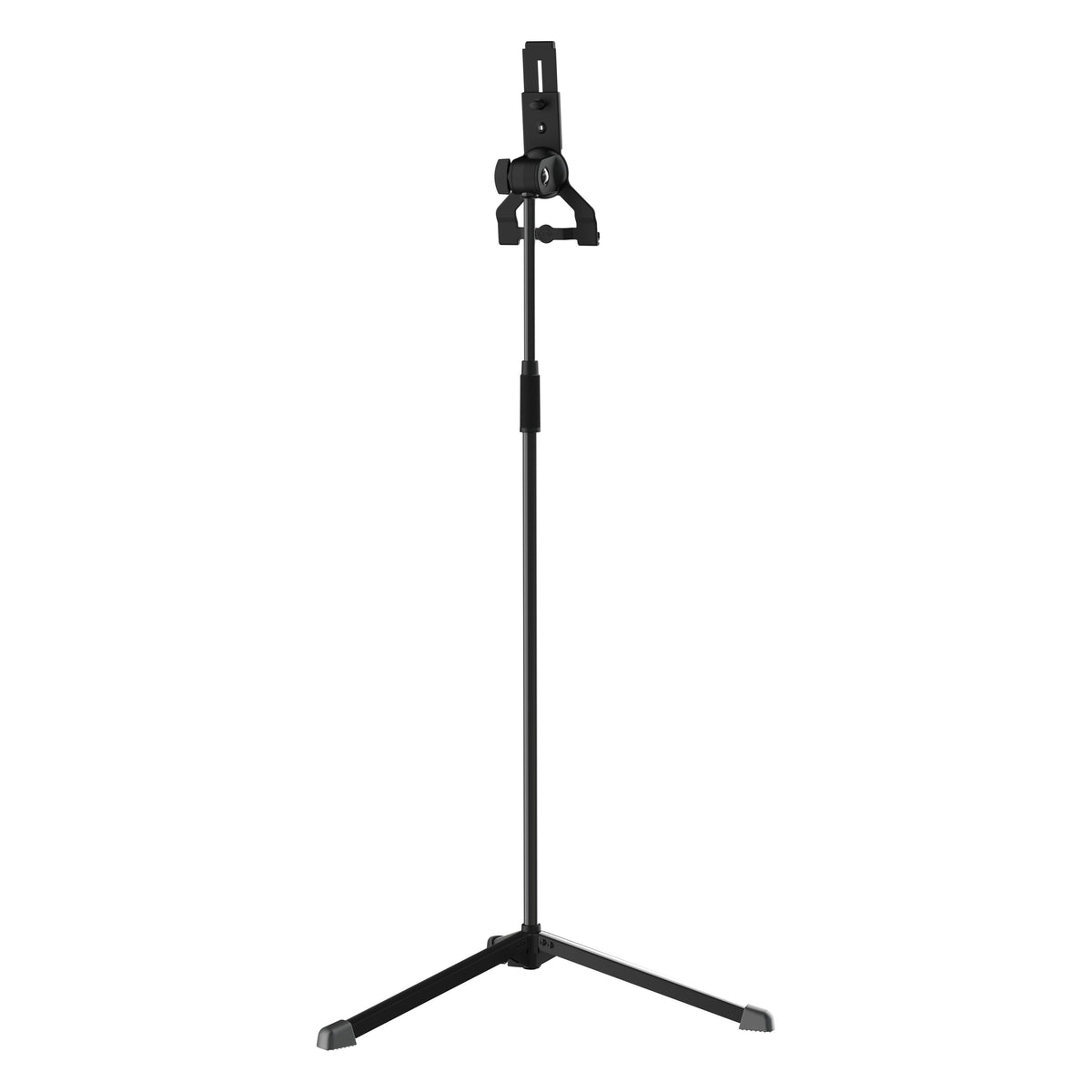 Biobased tablet floor stand rear view of empty holder showing tilt knob, 1/4 inch mount and clamp arms, K&M