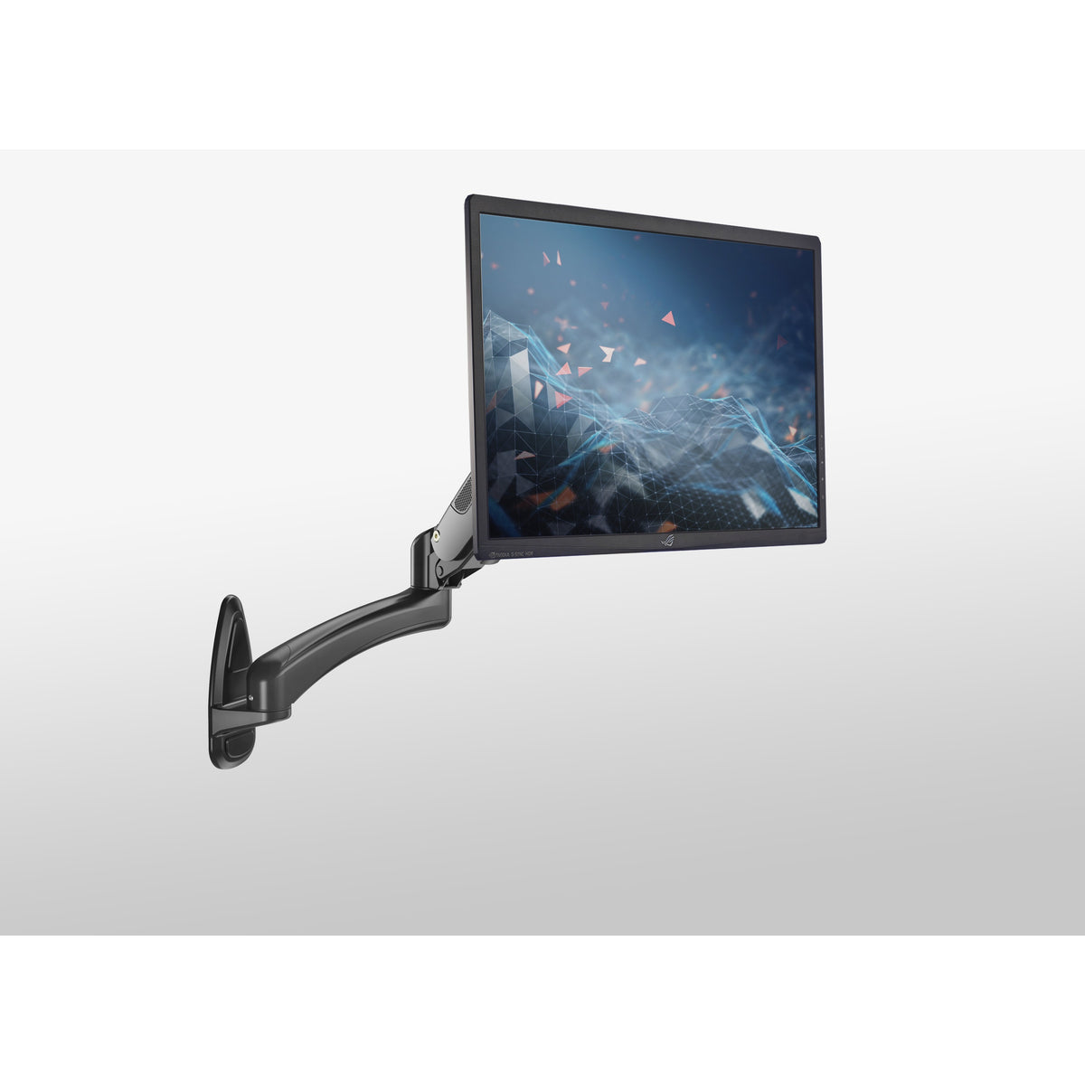 23870 monitor wall mount in use holding a flat-screen monitor extended from the wall, K&M