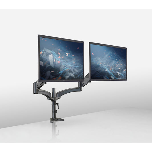 23875 dual monitor desk mount in use holding two monitors side by side at different heights on a desk, K&M