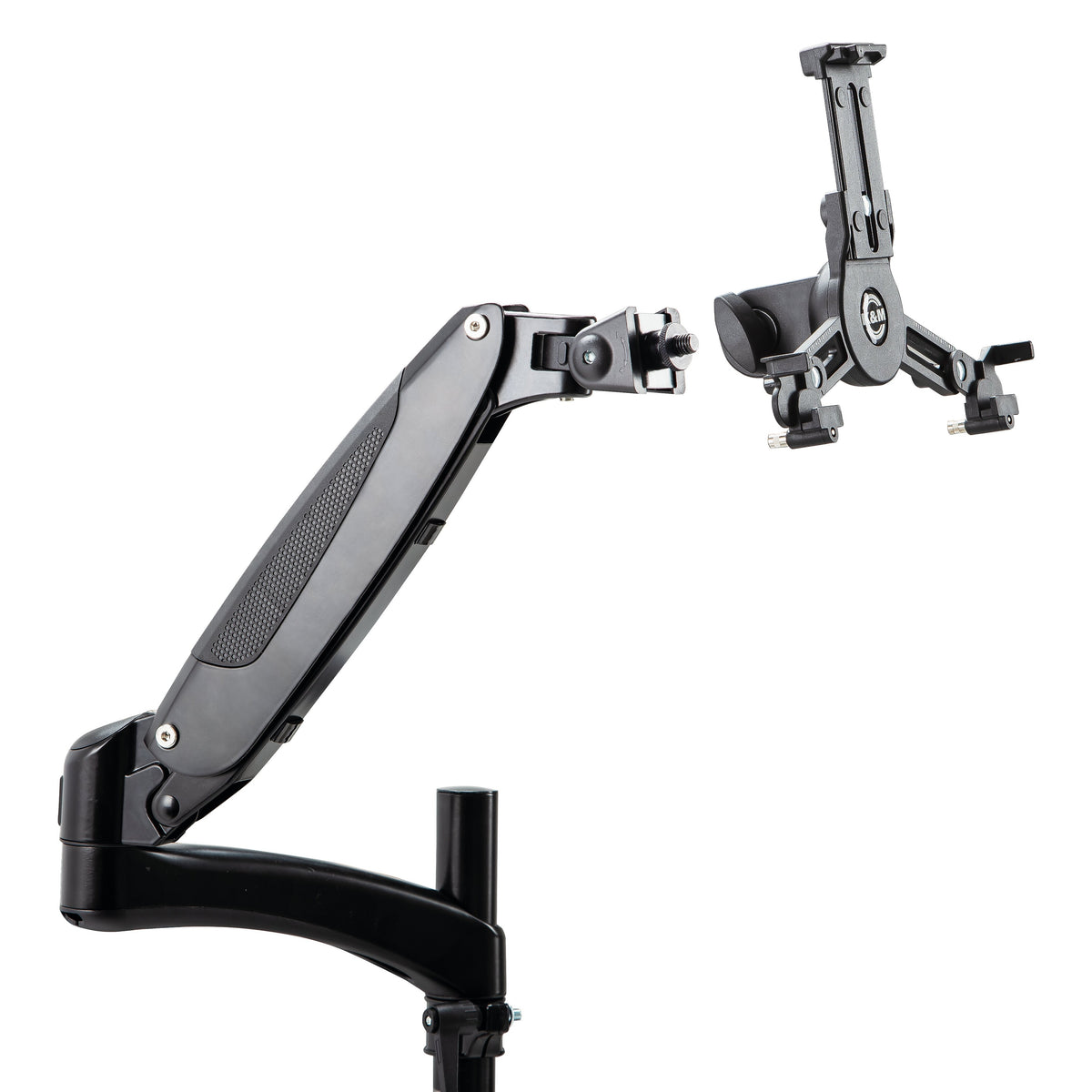 23881 monitor mount adapter on a gas-spring arm with a K&M tablet holder positioned ready to attach to the 3/8" thread, K&M