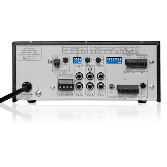 AA100PHD rear panel detail showing 70V amplifier output terminal block, Zone 2 output, DIP switch banks, bass and treble controls, 1/4-inch Sum In and Pre Out jacks and Phoenix input connectors, AtlasIED