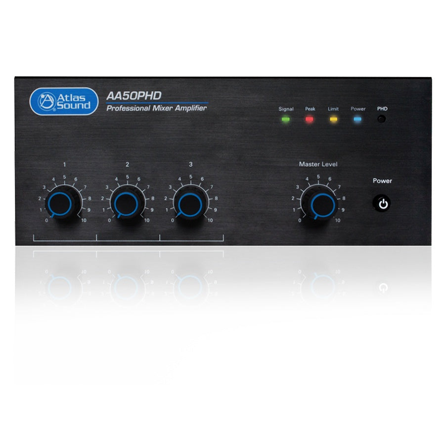 AA50PHD front panel showing three input level knobs, Master Level control and Signal, Peak, Limit, Power and PHD indicator LEDs, AtlasIED