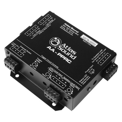 AA-PPRC priority paging relay controller angled top view showing euroblock terminal connectors, trigger delay and line level input controls, AtlasIED