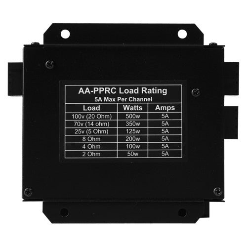 AA-PPRC underside view with load rating label listing 100V, 70V and 25V wattage ratings at 5A max per channel, AtlasIED