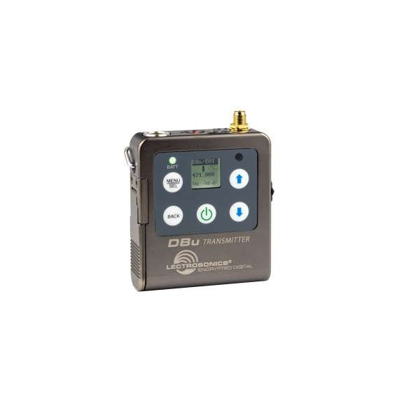 DBu digital bodypack transmitter front view showing LCD screen with 471.000 frequency readout, menu/select, back, power and arrow buttons, and SMA antenna connector on top, Lectrosonics