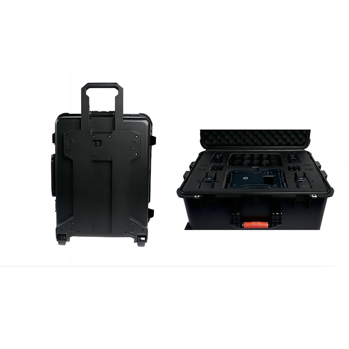 HL-Solidcom M1 hard case rear view with extended telescoping handle and wheels beside open case showing foam cutouts holding the base station and headsets, Hollyland