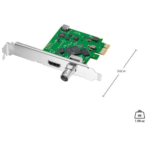 Blackmagic Design DeckLink Mini Monitor HD capture card shown with 3.62 in height and 1.98 oz weight callouts