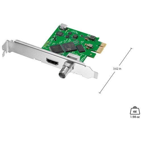 Blackmagic Design DeckLink Mini Recorder HD card shown with 3.62 in height and 1.98 oz weight callouts