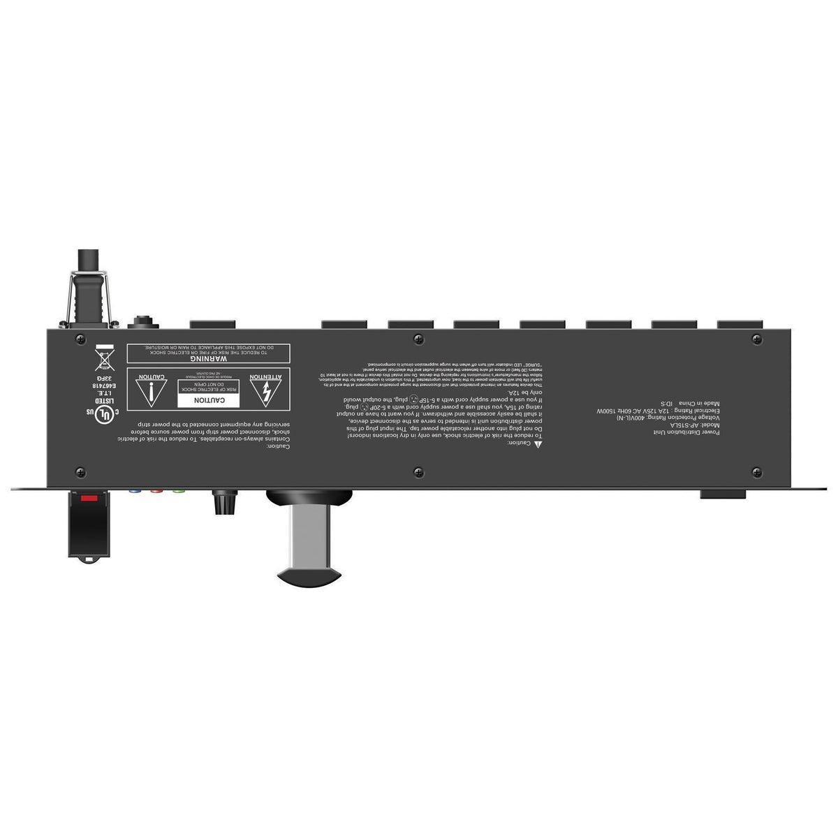 AP-S15LA top view with ventilation slots, UL safety and electrical rating labels, pull-out lamp and strain relief, AtlasIED