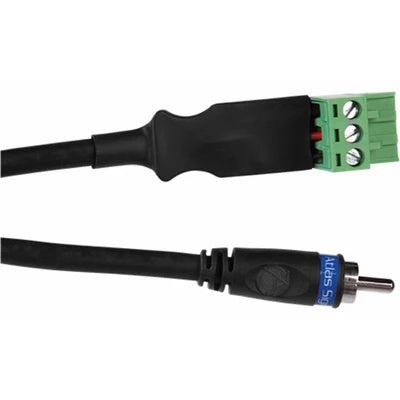 AS2NAC3ED-3M cable connector detail showing green Phoenix-style terminal block and RCA plug ends, AtlasIED