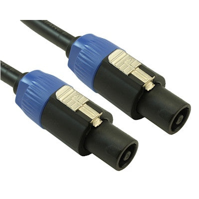 AS2NL4-2M speaker cable detail showing dual NL4 speakON connectors with blue locking collars and black jacket, AtlasIED