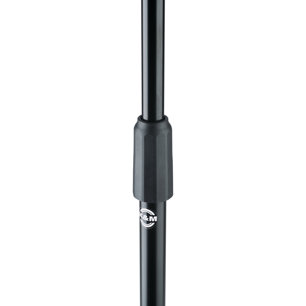 11925 orchestra music stand height-adjustment friction lock collar detail on black tube with K&M logo badge, K&M
