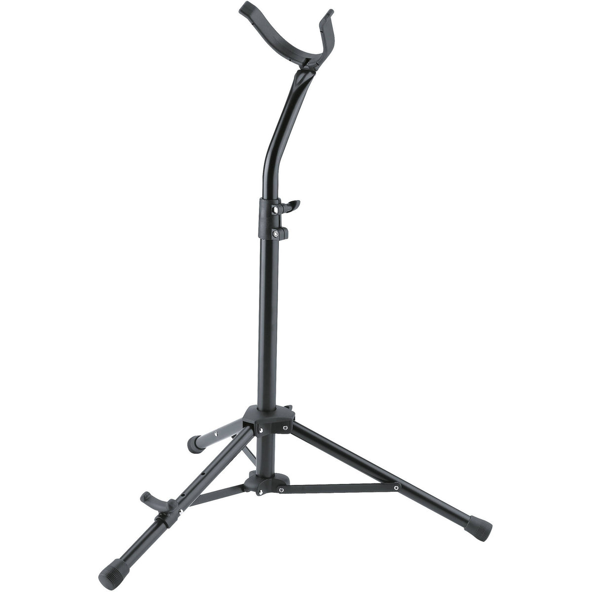 KM 14410.021.55 baritone saxophone stand side view with padded bell yoke, height-adjustment clamps and folding tripod base, K&M