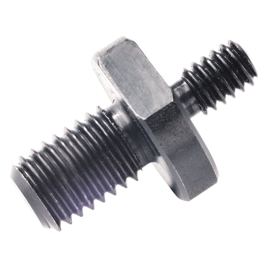 21922 M10 to 1/4" thread adapter angled side view showing larger M10 male thread, central hex collar and smaller 1/4" male thread on black steel, K&M