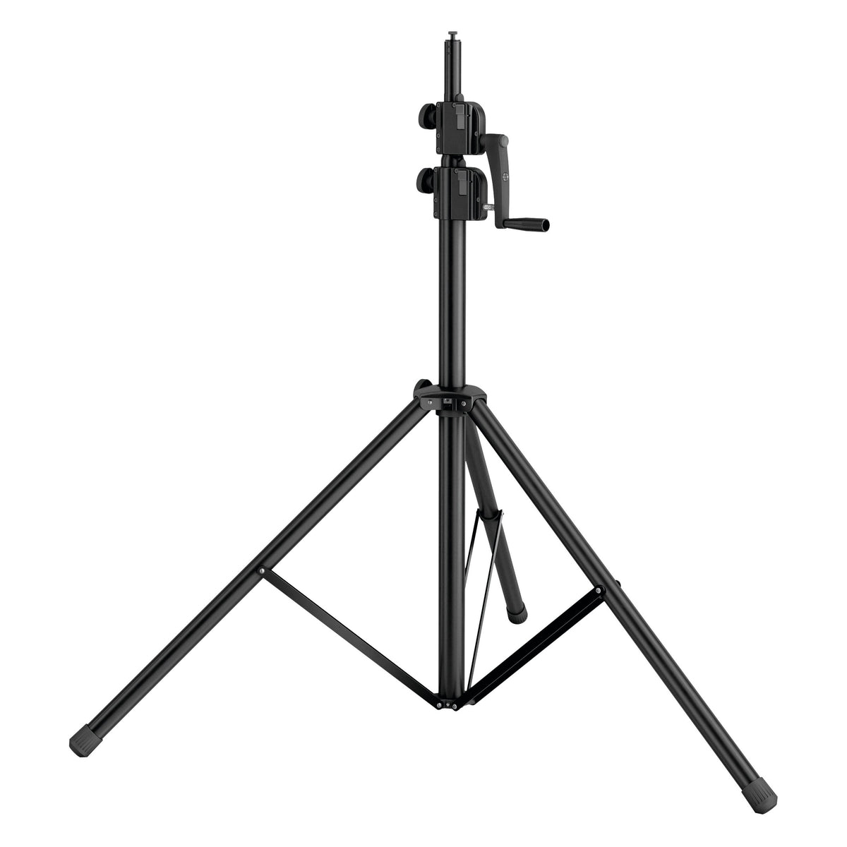 24730 wind-up tripod stand rear three-quarter view with crank handle on the right and folding leg braces, K&M