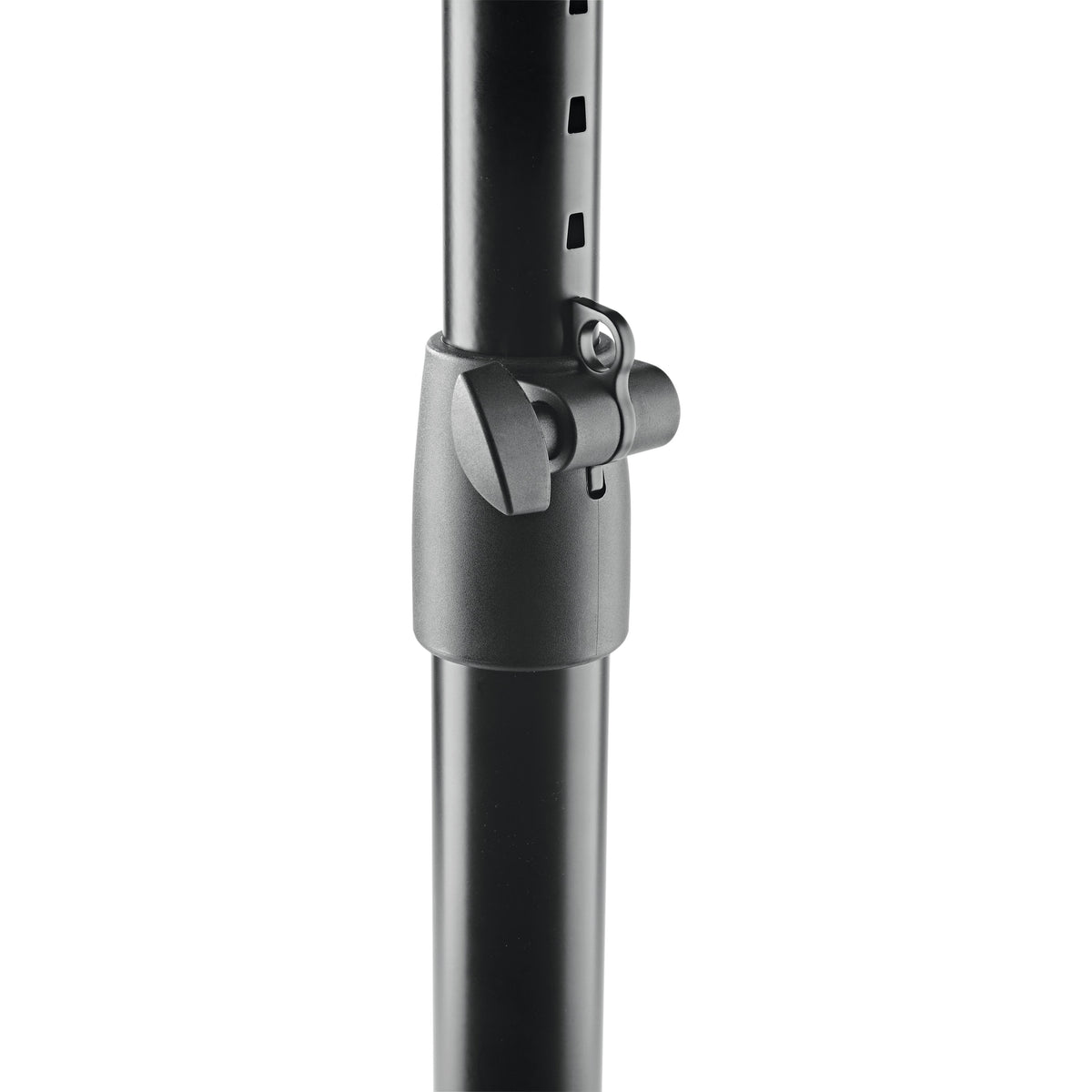 26775 desktop monitor stand height adjustment detail showing wing-style clamp knob on collar and height-setting slots in the black tube, K&M