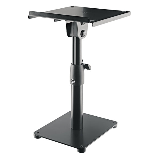 26776 tiltable desktop monitor stand angled view showing tilt pivot bracket under the top plate and rubber feet on the base, K&M