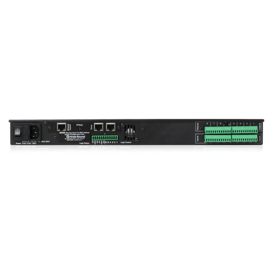 BB-88 BlueBridge DSP rear panel with IEC power inlet, Ethernet control and logic ports, and green Phoenix input/output terminal blocks, AtlasIED