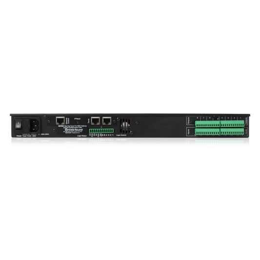BB-88DT rear panel with IEC power inlet, Ethernet control and dual Dante RJ45 ports, logic relay terminals and green Phoenix input/output connectors, AtlasIED