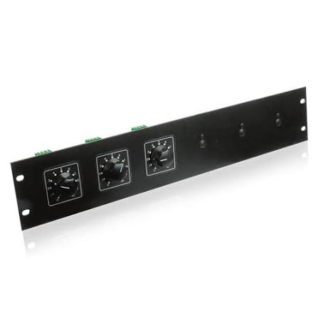 AtlasIED E408-250-RM rack mount 70.7V attenuator panel angled view with three rotary knobs and terminal blocks