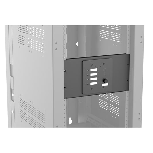 AtlasIED BB-PLT-PNL-HR panel installed in a rack holding a BlueBridge wall controller
