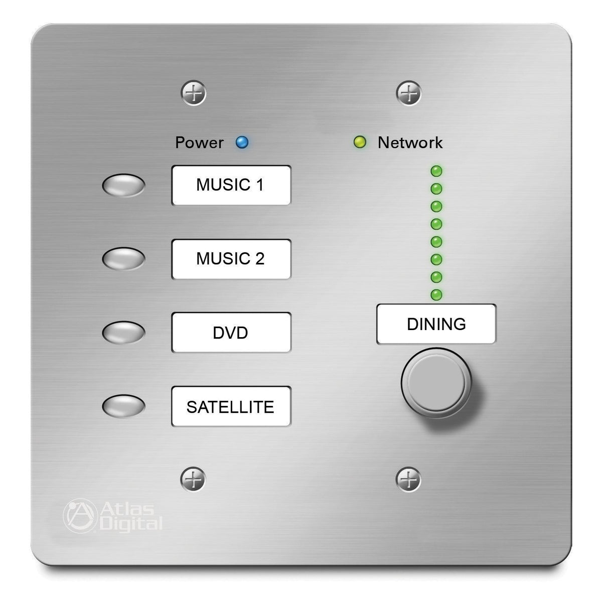 BBWP-S4K1W BlueBridge wall controller front view with four labeled source buttons, green LED level ladder and rotary volume knob on brushed faceplate, AtlasIED