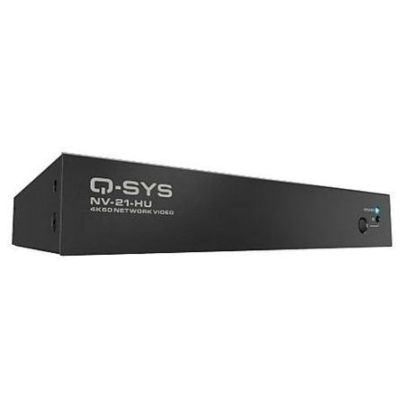 NV-21-PSU auxiliary power supply angled front view showing black metal chassis with Q-SYS NV-21-HU 4K60 Network Video label and power button with indicator LED, Q-SYS