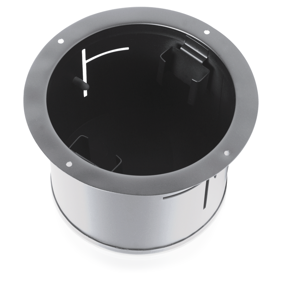 AtlasIED BMT95-4 blind mount enclosure angled view showing round can, flange ring, and internal mounting tabs