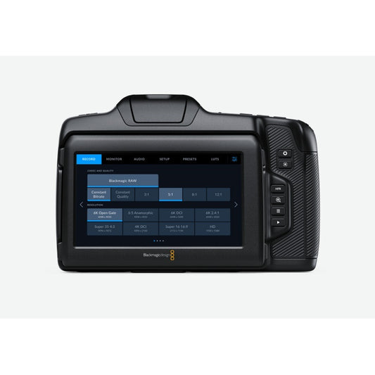 Blackmagic Design BMD-CINECAM60KLFL rear touchscreen showing record menu with codec and resolution options