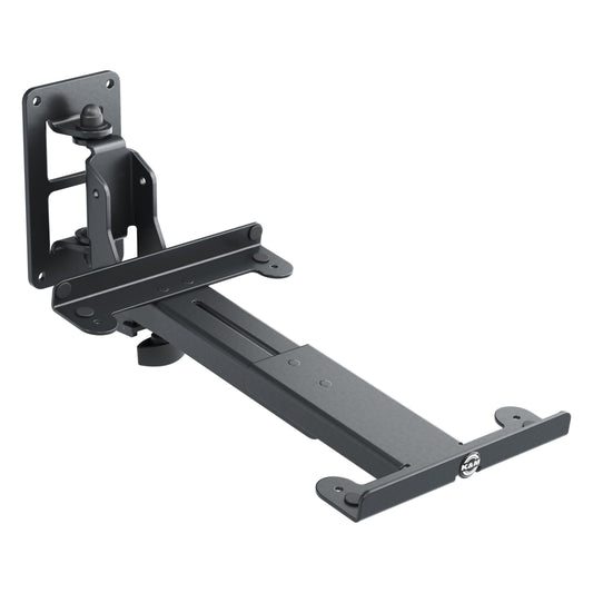 24167 adjustable boom speaker wall mount angled view from right showing wall plate, swivel joint and telescoping support arm, K&M
