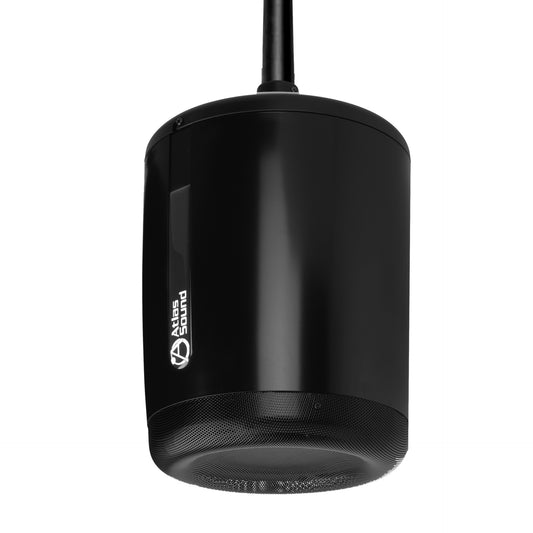 AtlasIED DA-PM8GD-B pendant mount speaker suspended from cable with perforated bottom grille facing down