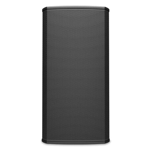 PL-DC12 straight-on front elevation of the 12-inch performance loudspeaker in black, Q-SYS