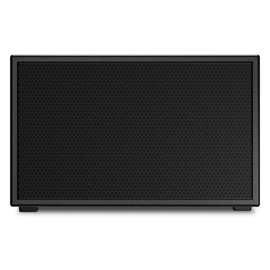 PL-SUB12 12-inch install subwoofer straight-on front view of textured black grille and low-profile cabinet, Q-SYS
