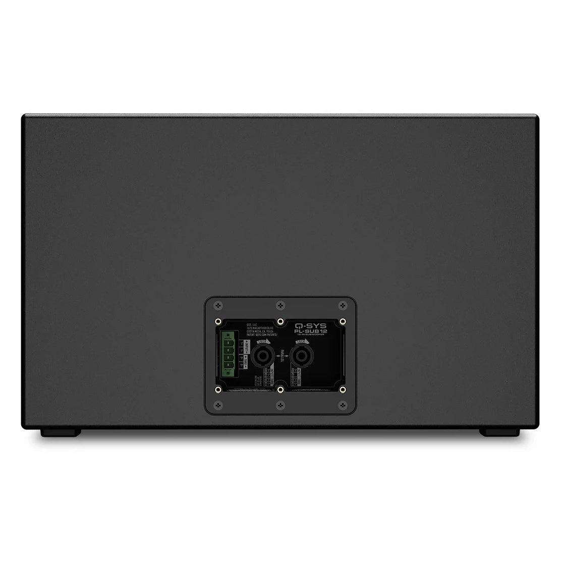 PL-SUB12 rear panel detail with recessed input plate, green Euroblock connector and color-coded binding posts, Q-SYS
